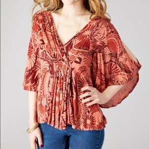 Free People Womens Amour Abstract Pullover Blouse coral combo size XS